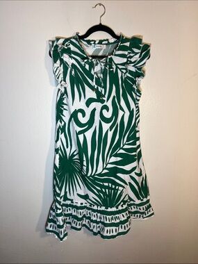 Lapogee Green and White Tropical Palm Print Mini Cotton Dress with Ruffle Hem M